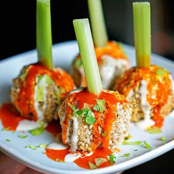Crunchy Buffalo Chicken Meatballs with Bleu Cheese Drizzle and Hot Sauce 