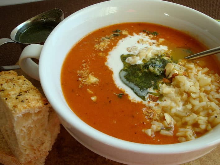 Mediterranean tomato soup in a white bowl