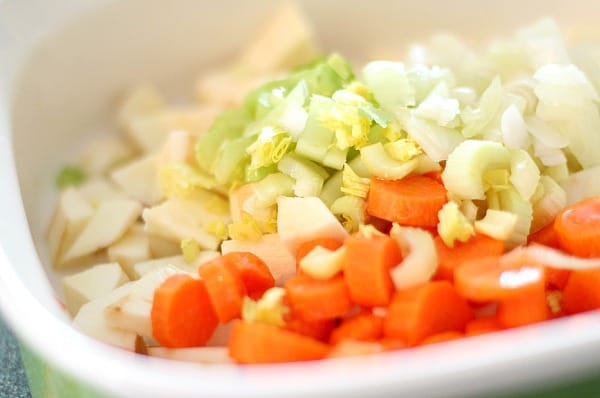 chopped carrots, parsnips, celery and onion