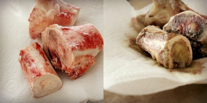 collage of beef bones before and after boiling 