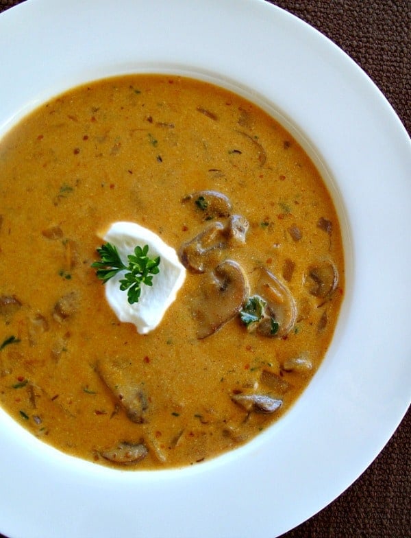 Hungarian Mushroom Soup closeup in white bowl with sour cream and parsley on top