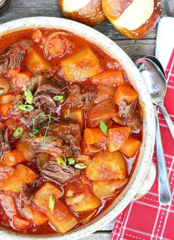 Italian Beef Stew is comfort food at its best. Chuck roast, vegetables, thyme, red wine and San Marzano tomatoes in a slow oven bring out deep, rich flavor.