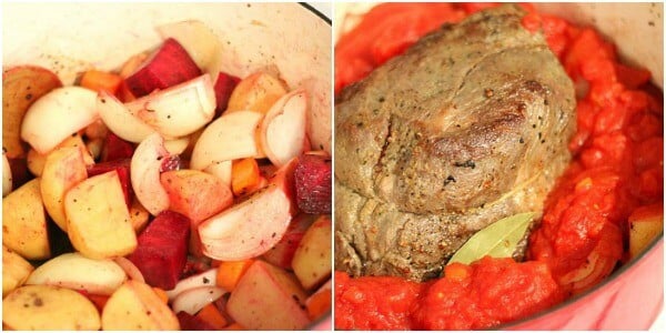 collage of cut up vegetables and meat added to the pot