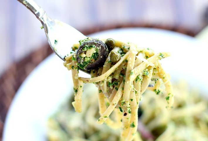 Kale Pesto and pasta on a fork
