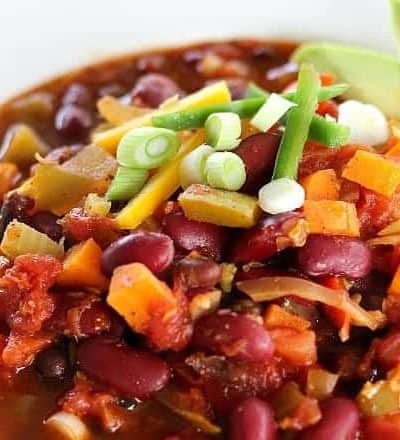 Hearty Vegan chili with fresh vegetables and legumes. This is one of the most flavorful chili dishes you will ever taste. Made mild or hot to your liking.