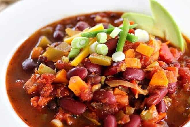 Hearty Vegan chili with fresh vegetables and legumes. This is one of the most flavorful chili dishes you will ever taste. Made mild or hot to your liking.