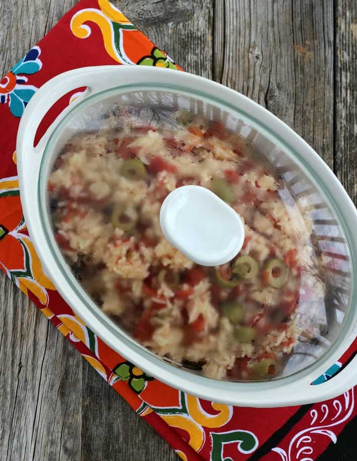 Mexican Rice in a frock pot with the lid on