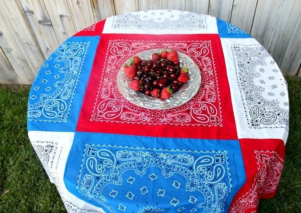 Tip view of Patchwork Tablecloth, berries in center