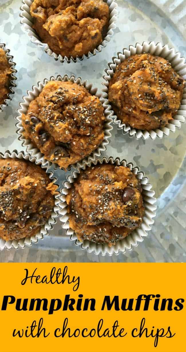 Pumpkin Muffins made with whole-wheat and almond flour, coconut oil, dark chocolate and of course, pumpkin puree. Moist and tasty, mix in one bowl start to finish in under 30 minutes.