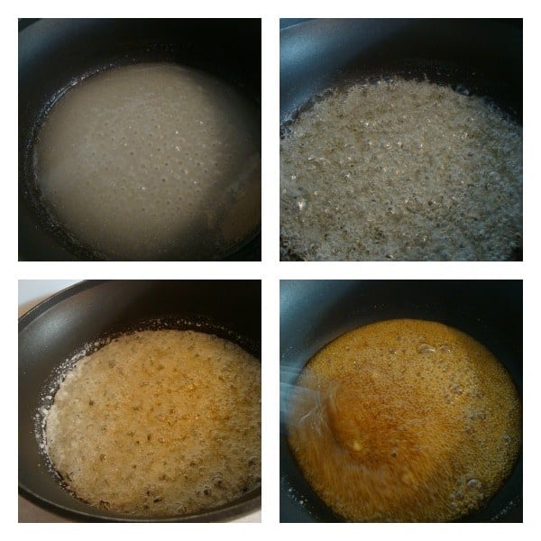 A collage of caramel sauce reducing in a pan