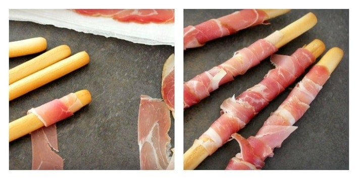 Collage of Prosciutto being wrapped around bread sticks