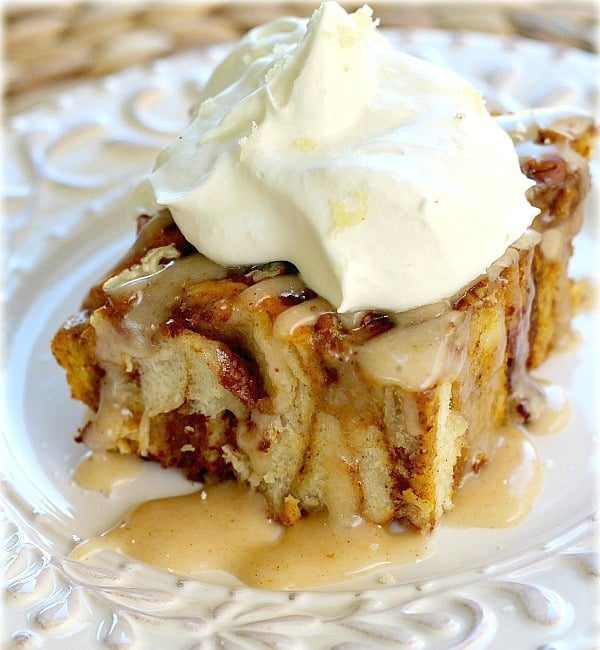 Pumpkin Pie Breakfast Bake is the perfect combination of pumpkin pie and cinnamon rolls, topped with buttery icing and ginger-spiked whipped cream.