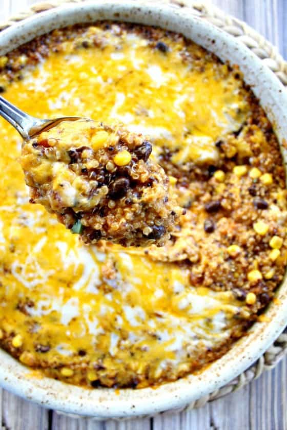 Quinoa Enchilada Casserole with Black Beans. Perfect for a meatless weeknight meal and unique enough for company, loaded with healthy protein and vegetables.