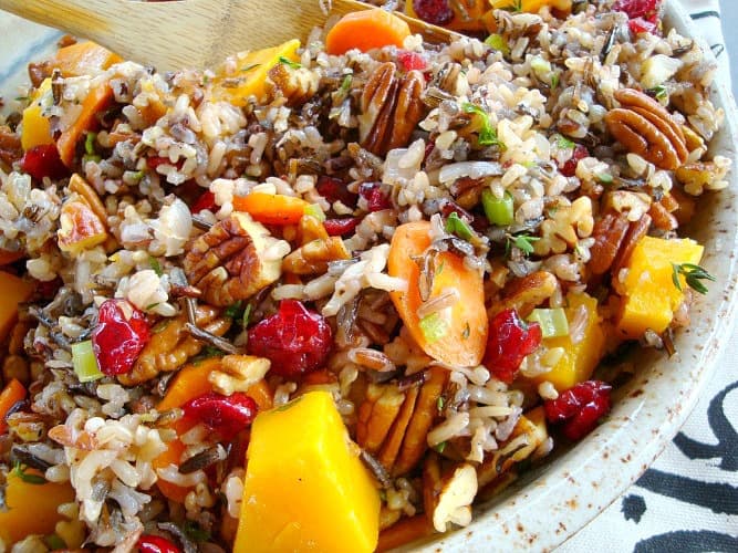 Wild Rice Pilaf with squash, cranberries and pecans in a bowl