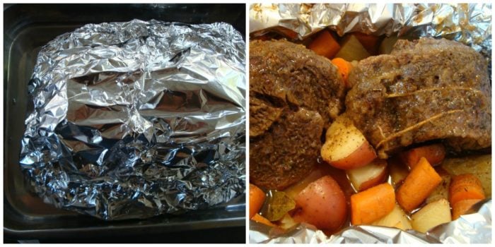 roast, carrots and potatoes In tin foil after cooked