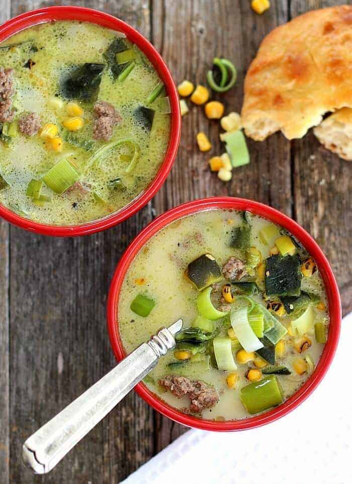 Rosted Poblano Soup is easy to make and tastes like it simmered for hours. Sweet corn, ground beef and a touch of cream make this a satisfying meal.