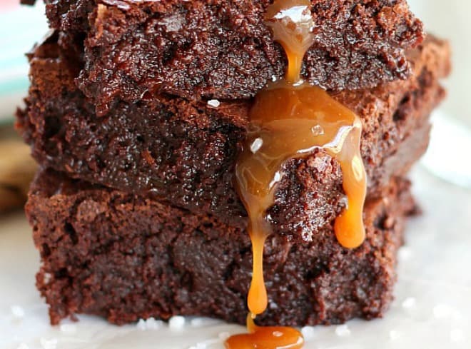 Salted Caramel Brownie with a drizzle of caramel and sprinkled with salt, ready to eat