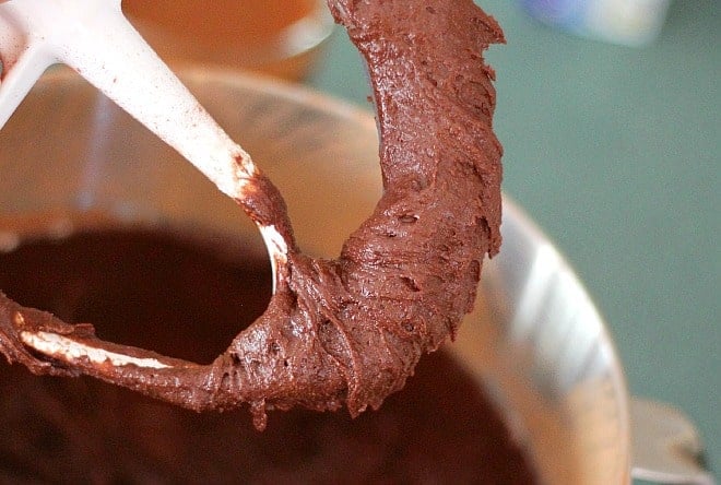 Brownie batter on a mixing beater