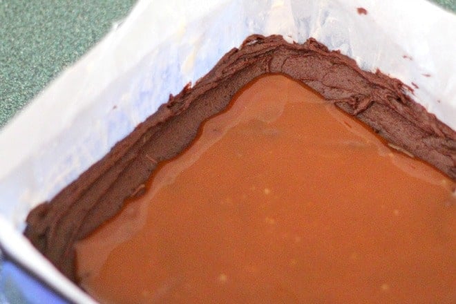 Salted Caramel Brownie poured over brownie batter before baked