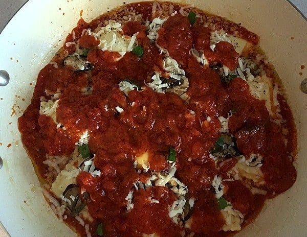 Skillet Ravioli Lasagna in a pan