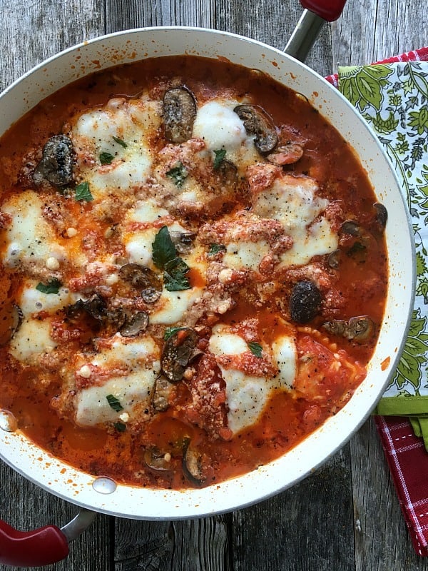 Skillet Ravioli Lasagna in a pan