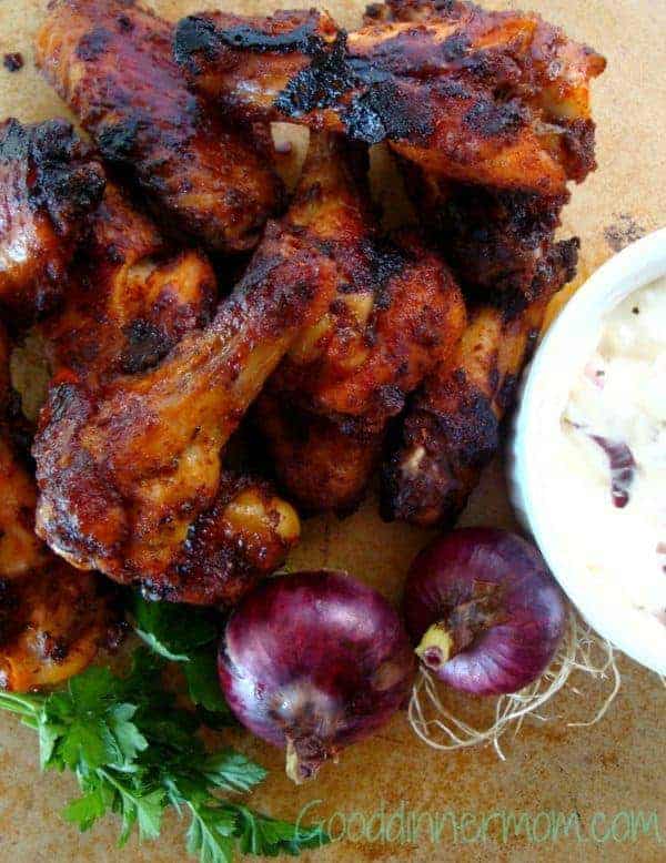 Sweet Heat Chicken Wings with onions, dip and parsley on the side
