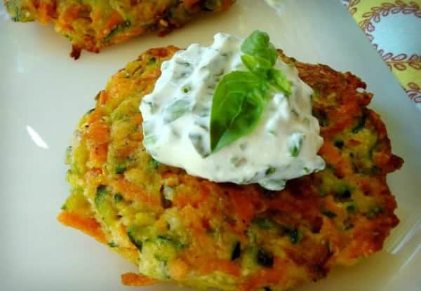Carrot and Zucchini Vegetable Pancakes with Basil Chive Cream