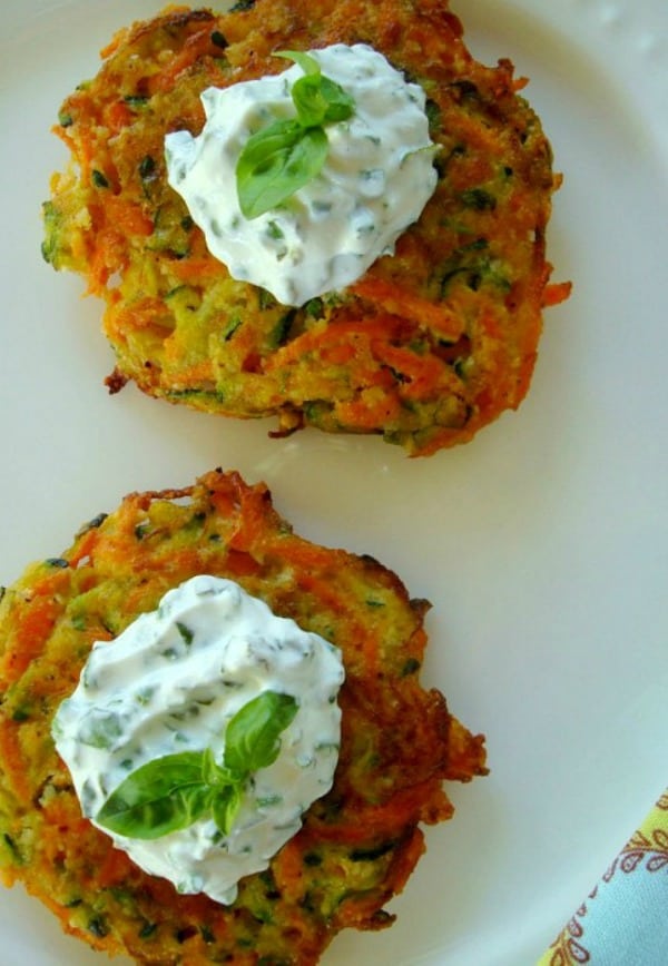 Carrot and Zucchini Vegetable Pancakes with Basil Chive Cream