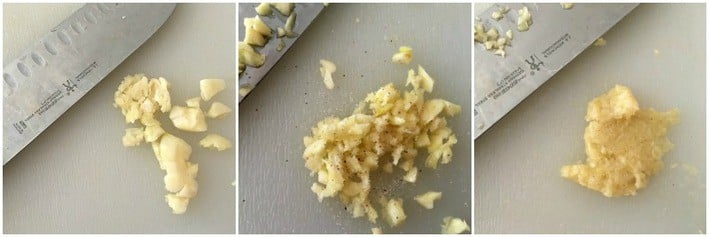 collage of garlic chopped and mashed into paste 