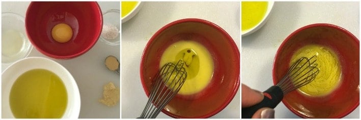 collage of egg and oil being whisked together for aioli 