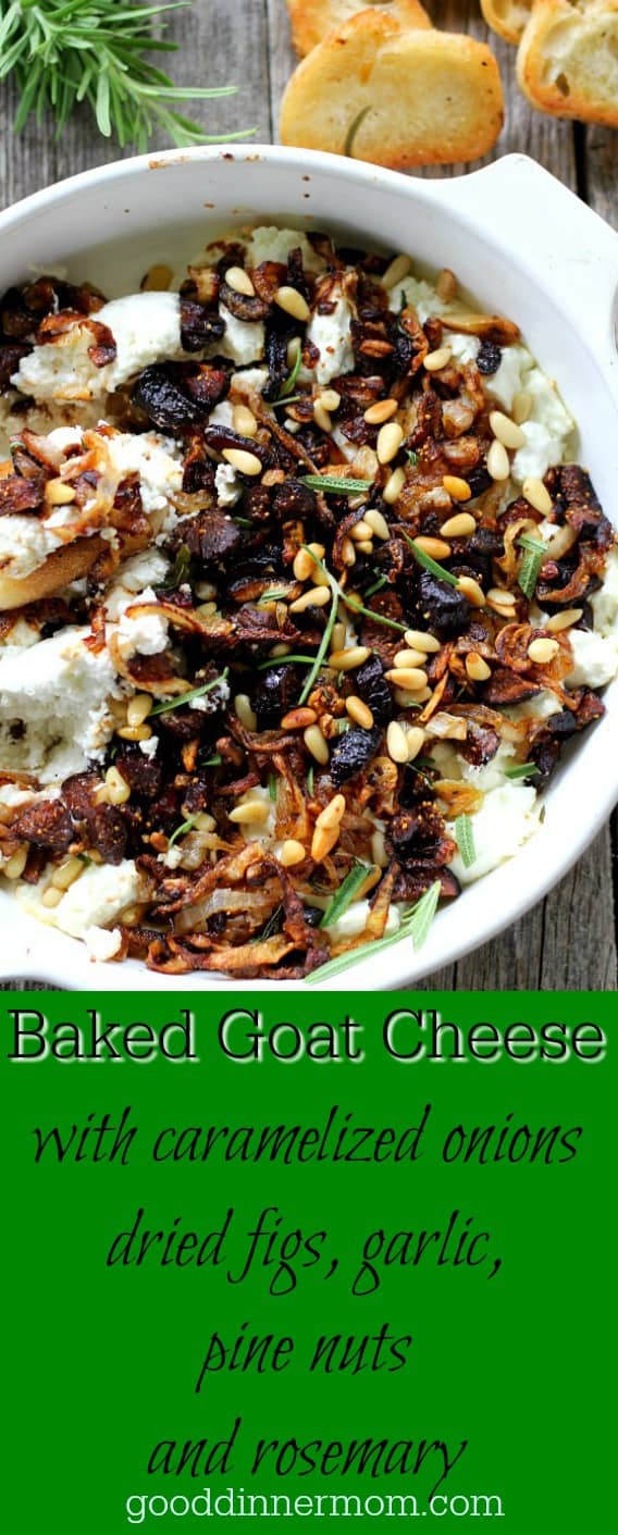 Pinterest pin of baked goat cheese, pine nuts, onions, in white bowl