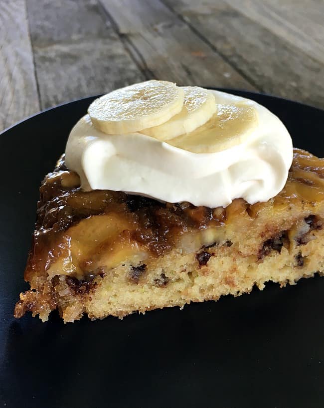 Banana Upside Down Cake is gooey and caramel-delicious. Buttermilk and grated zucchini add moist texture and chocolate chips add decadence.