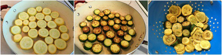 A collage of zucchini cooking and being placed in a colander 