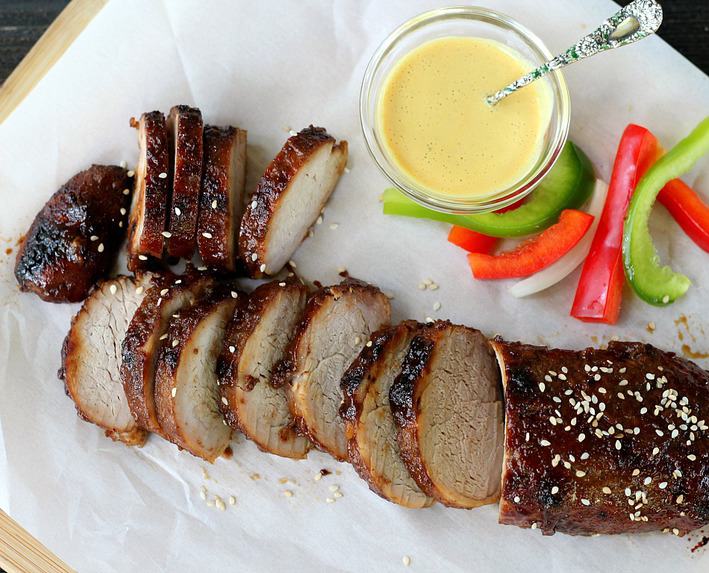 Char Siu Pork with mustard, green and red bell peppers on the side