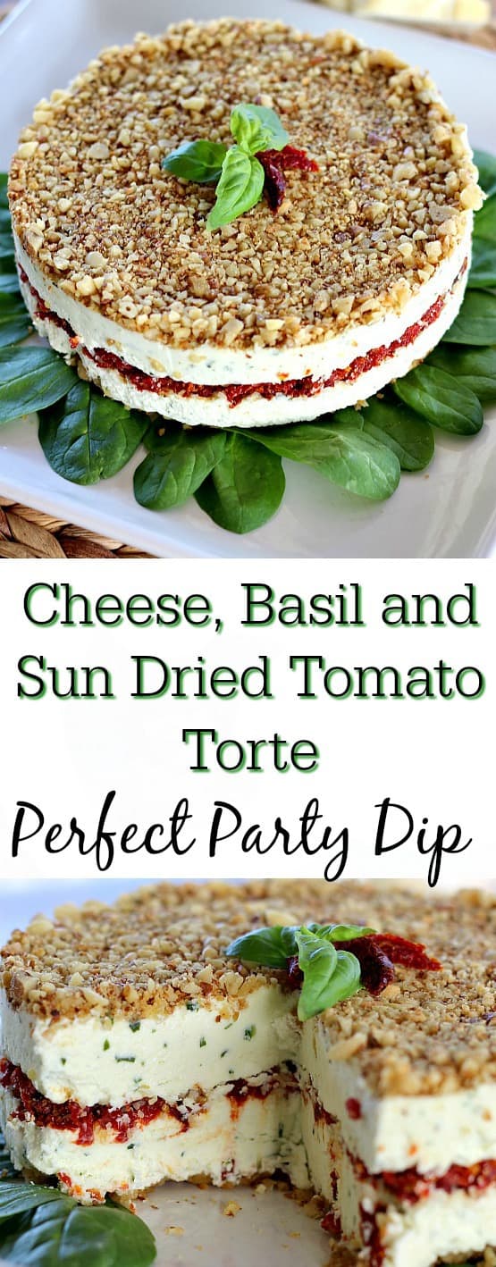 Cheese, Basil, and Sun Dried Tomato Torte pinterest pin
