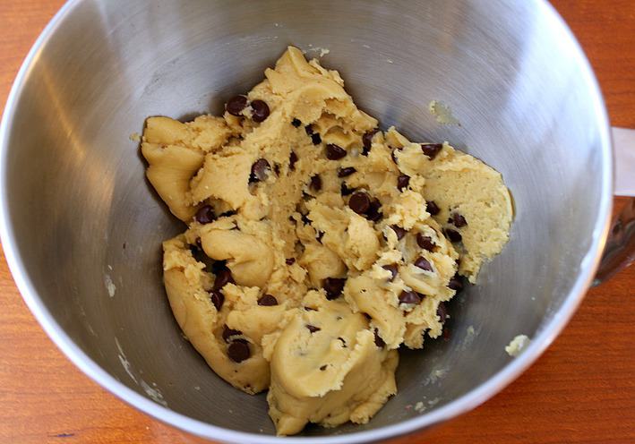 chocolate chip cookie dough in mixing bowl
