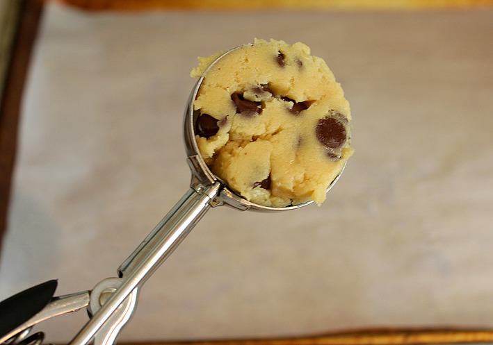 chocolate chip cookie dough in cookie scooper