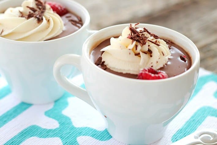 No-Cook Chocolate Pudding served in white cups topped with whipped cream a raspberry 