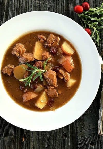 Cranberry Beef Stew is one of the easiest meals for the slow cooker. Rich, fork-tender beef and flavorful veggies. Easy prep for a fantastic, hearty stew.