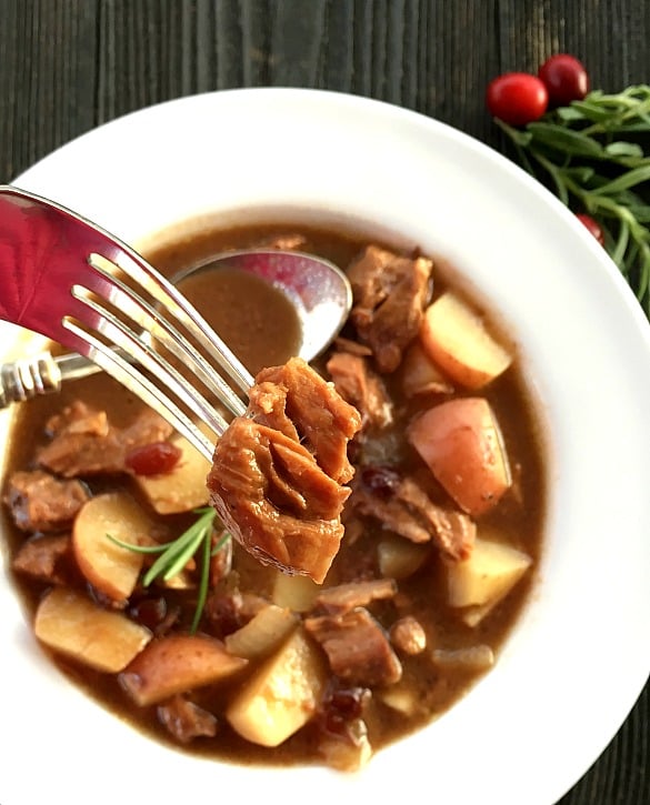 Cranberry Beef Stew on a fork with stew in white bowl