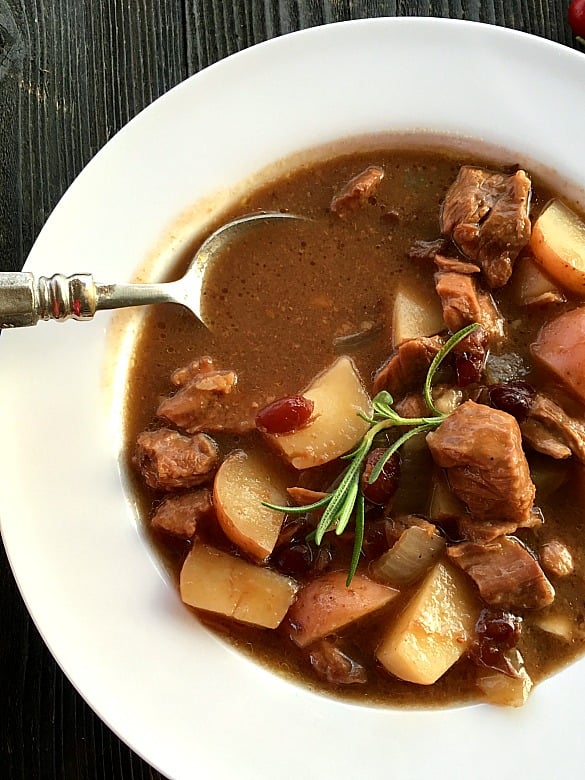 Cranberry Beef Stew in white bowl 