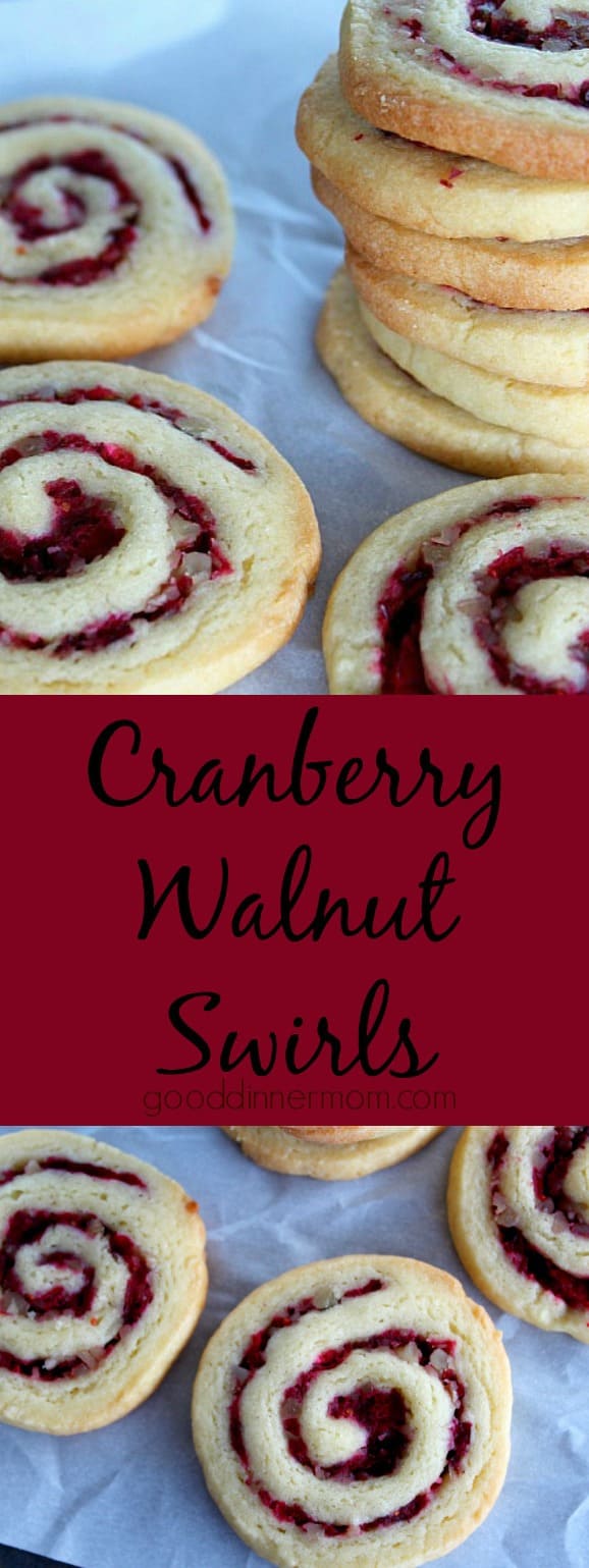 cranberry walnut swirl cookies stacked on parchment paper