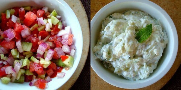 A collage of tomato and cucumber relish and mint tzatziki