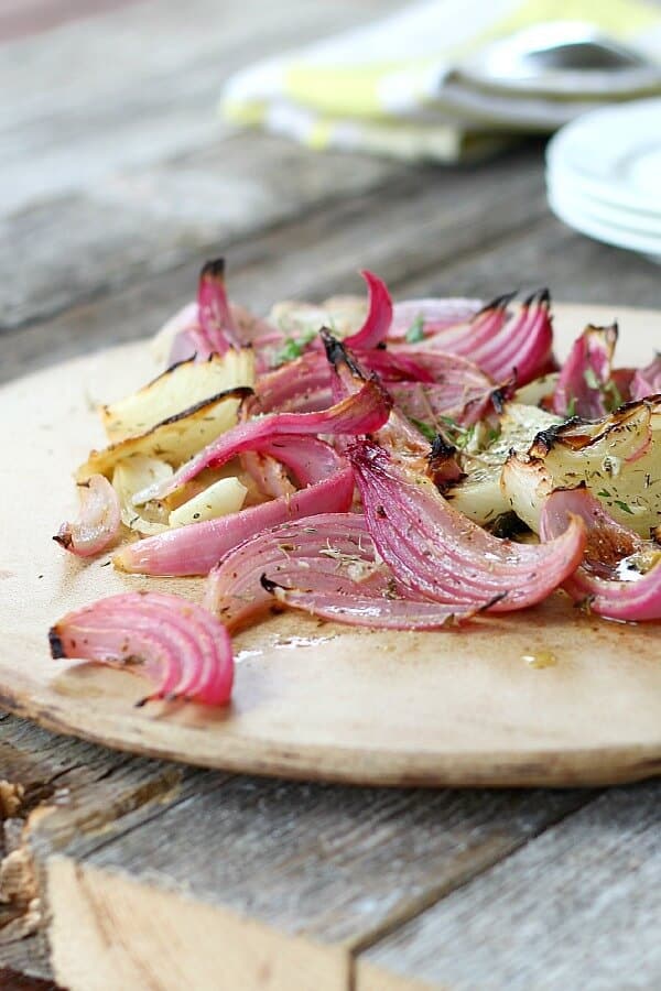 Herb Roasted Onions, the perfect side dish that's almost a condiment. It adds great flavor to turkey, prime rib, pork roast and roasted chicken.