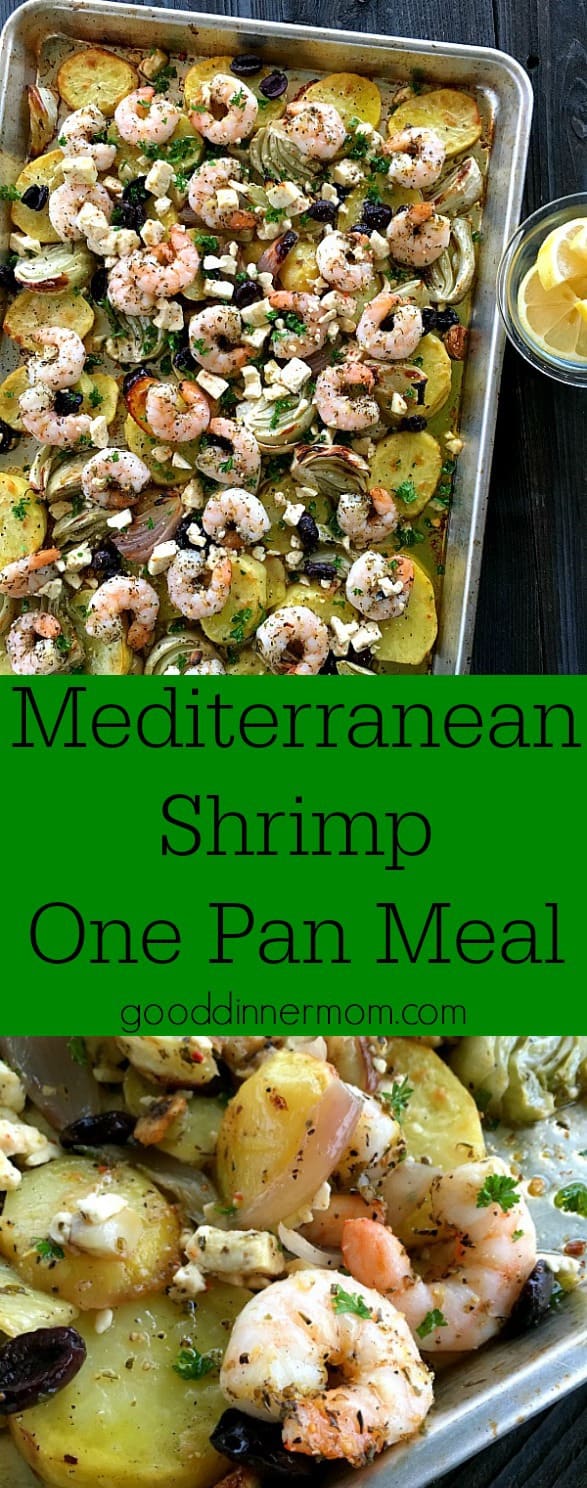 Mediterranean Shrimp made perfect in your oven in just over 30 minutes. Buttery Yukon potatoes, Kalamata olives and feta cheese. Quick weeknight or company worthy.#onepotmeal #shrimp #easyrecipes