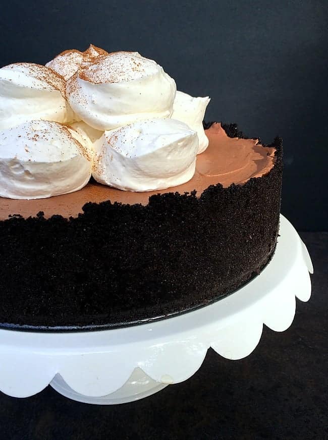Mexican Chocolate Mousse Pie on a white cake stand