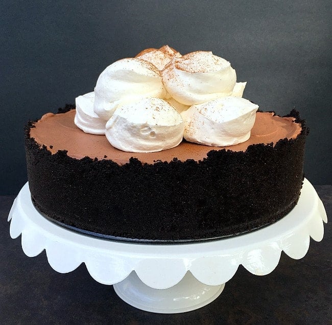 Mexican Chocolate Mousse Pie on a white cake stand