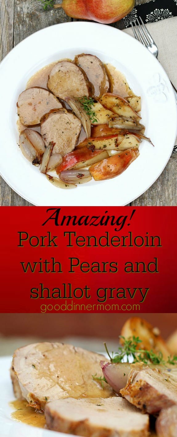 pinterest pin of pork loin, pears, onions on white plate