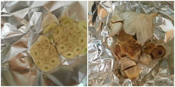 garlic clove in aluminum foil before and after baking