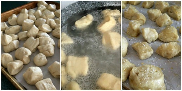 collage of pretzel bites on a baking sheet, being cooked in water, and added back to baking sheet before baking